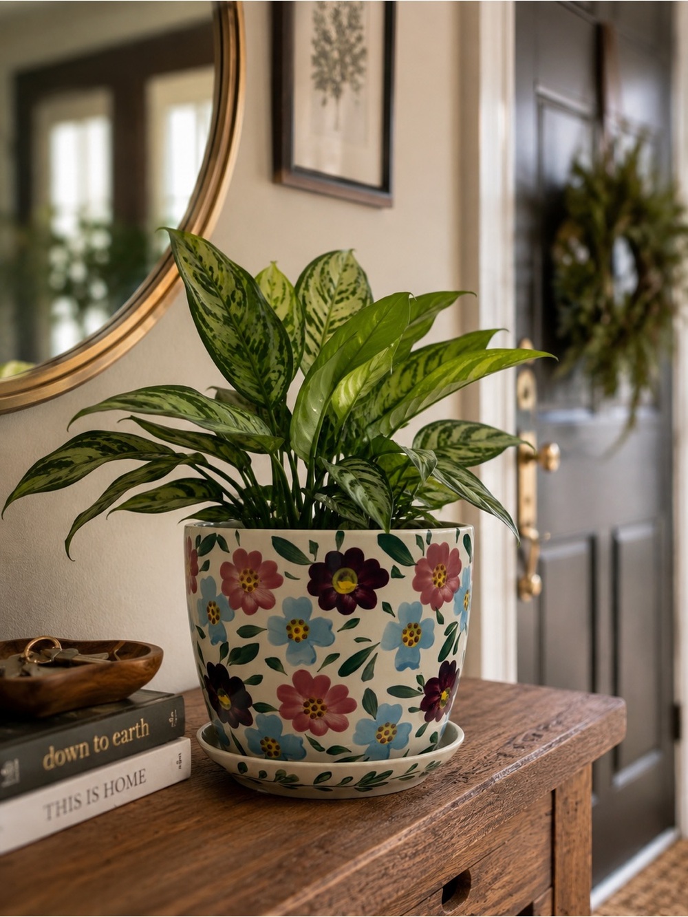 Hand Painted Floral Ceramic Planter with Attached Saucer & Drainage Hole